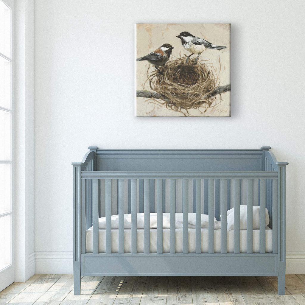 Chickadees On Nest Canvas Art 