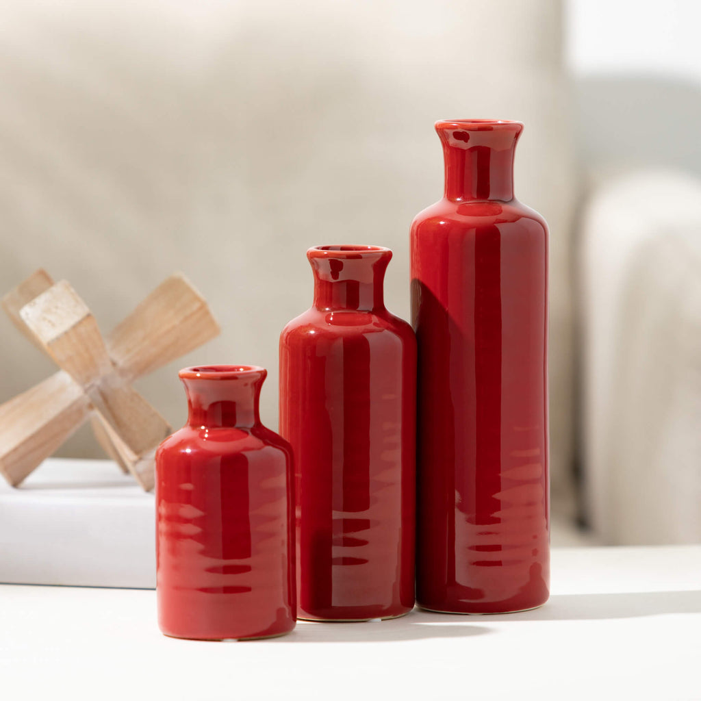 Ceramic Red Bottle Vase Set 3 