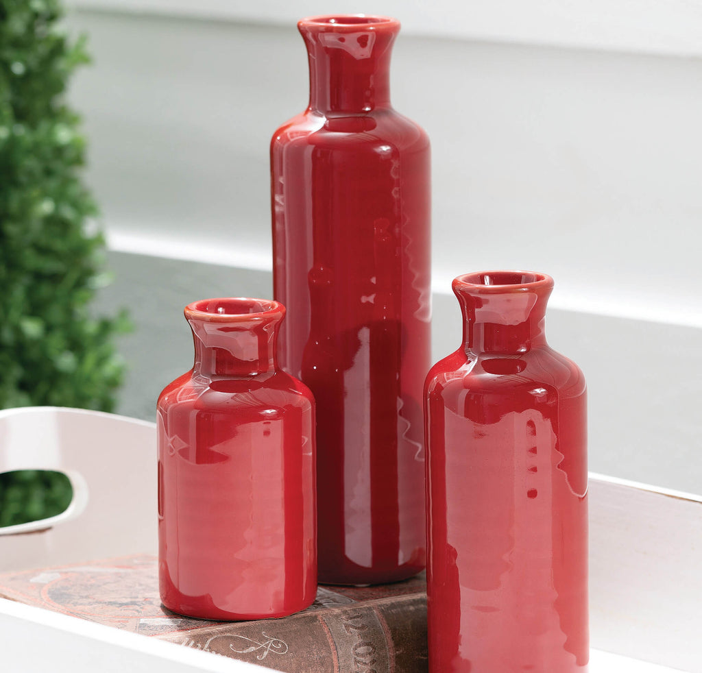 Ceramic Red Bottle Vase Set 3 