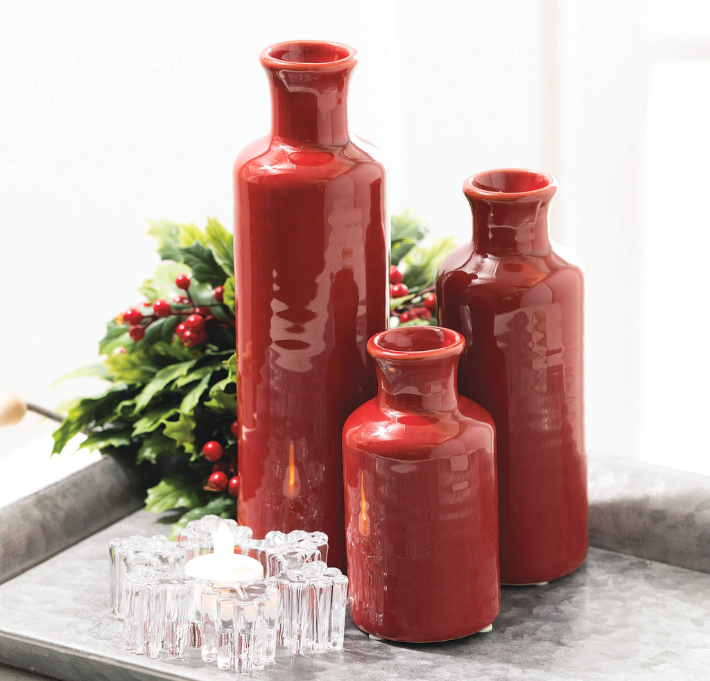 Ceramic Red Bottle Vase Set 3 