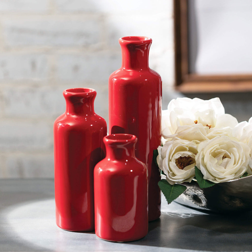 Ceramic Red Bottle Vase Set 3 