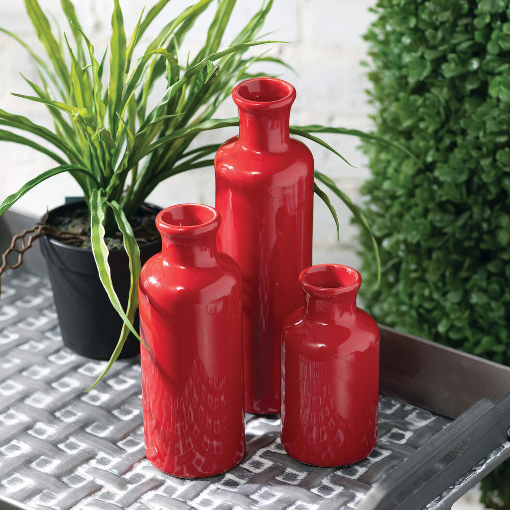 Ceramic Red Bottle Vase Set 3 