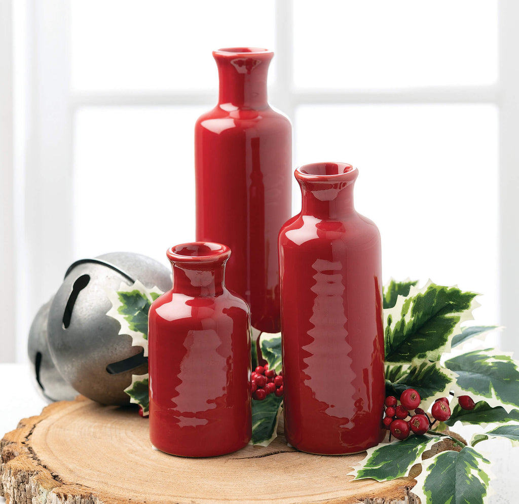 Ceramic Red Bottle Vase Set 3 