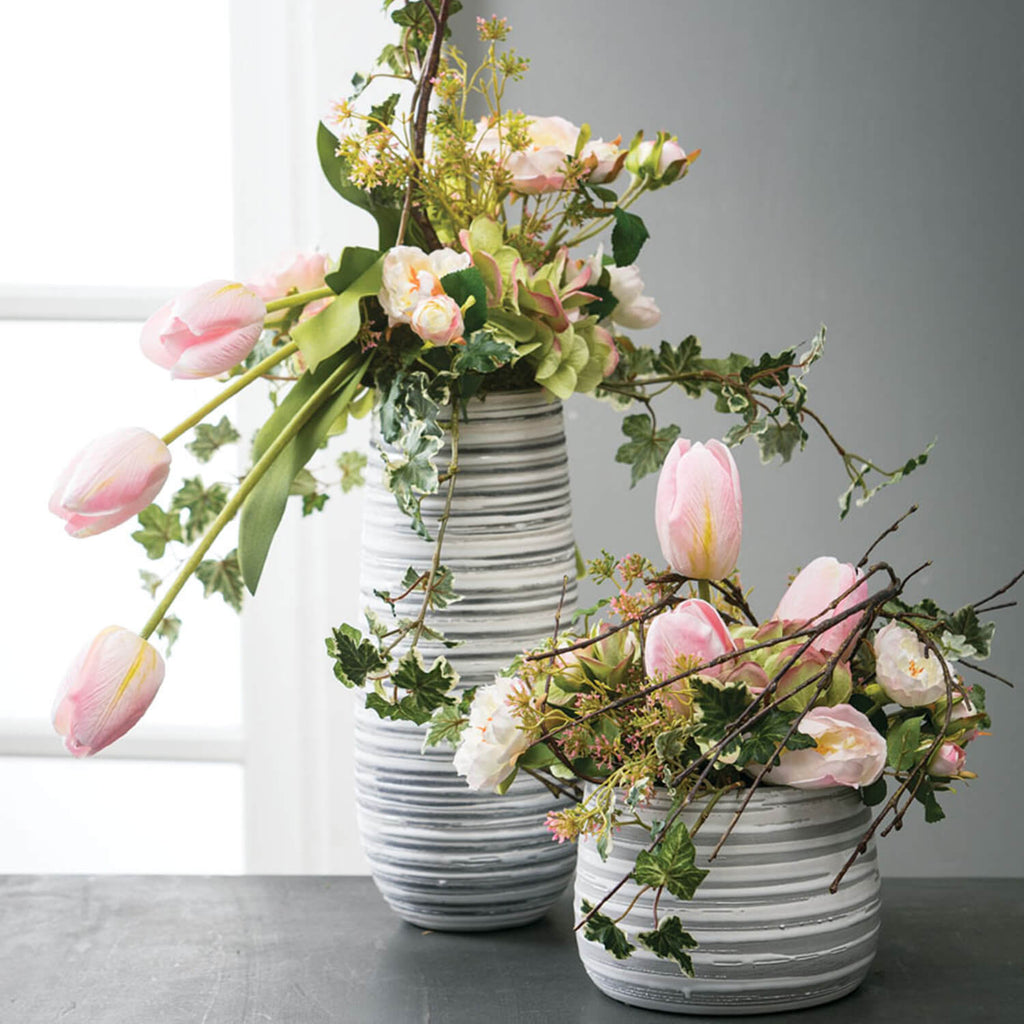 Tall Striped Gray White Vase  