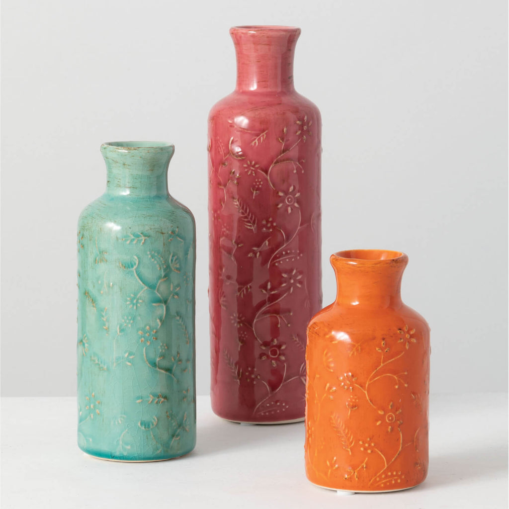 Floral Relief Bottle Set Of 3 