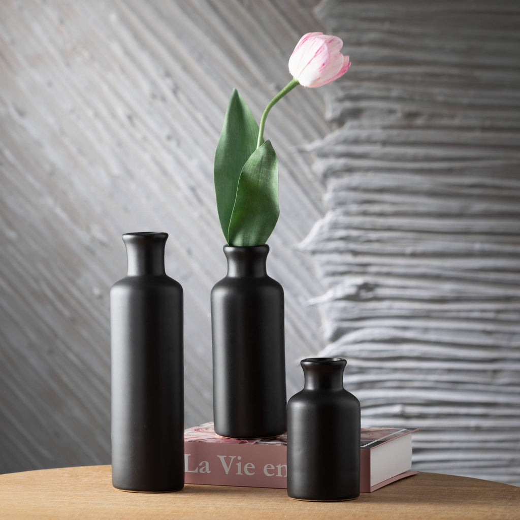 Matte Black Vase Set Of 3     