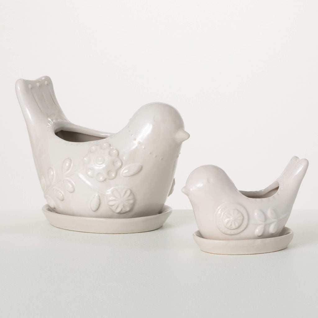 Raised Floral Bird Planter Set