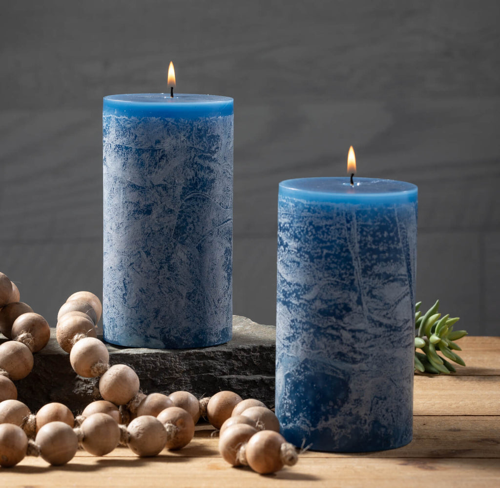 Blue Timber Pillar Candle     