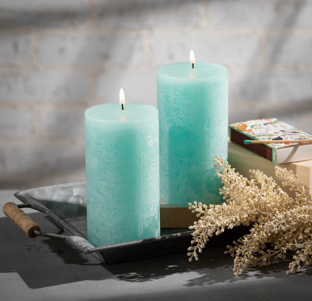 Blue Timber Pillar Candle     