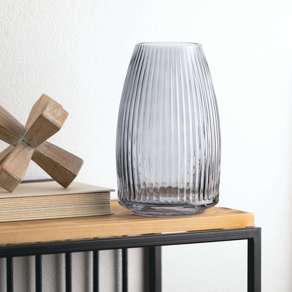 Ribbed Blue Gray Glass Vase   