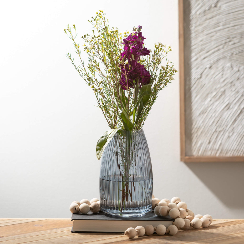 Ribbed Blue Gray Glass Vase   