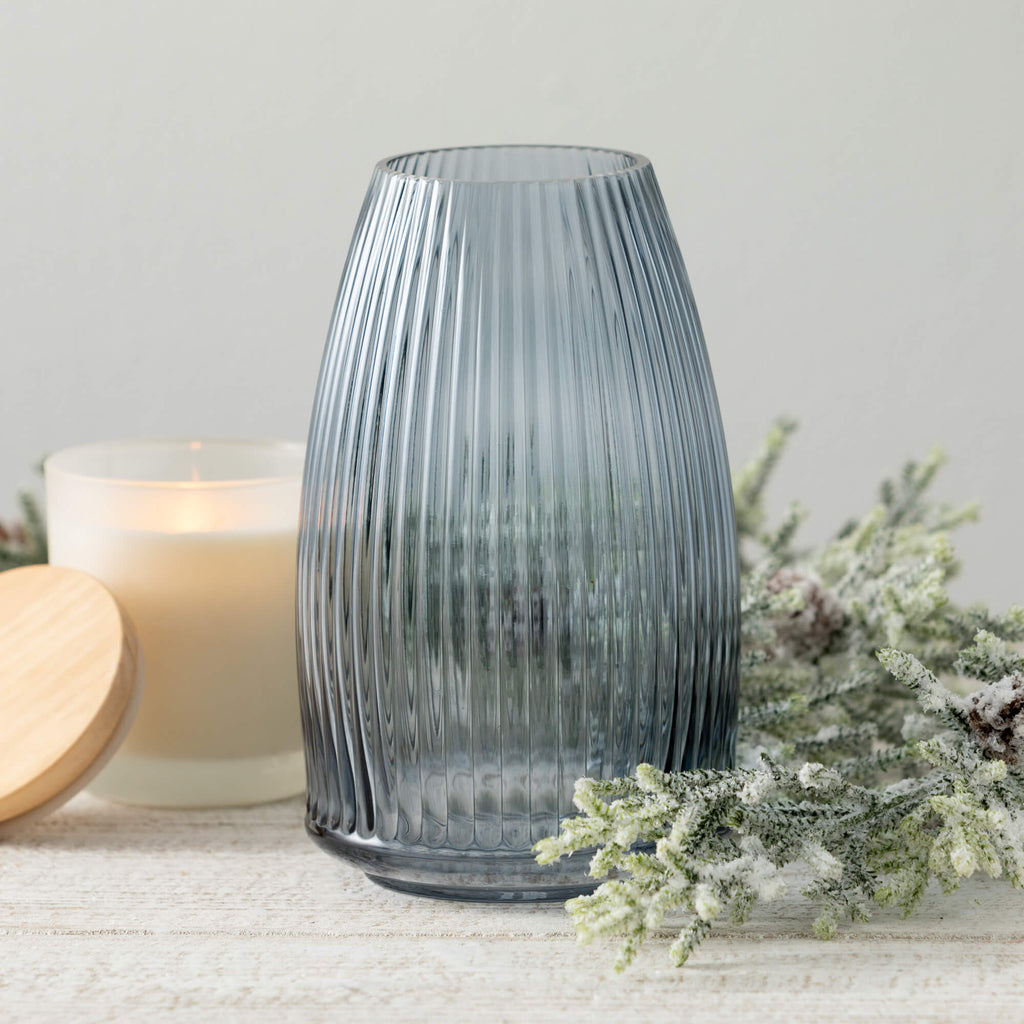 Ribbed Blue Gray Glass Vase   