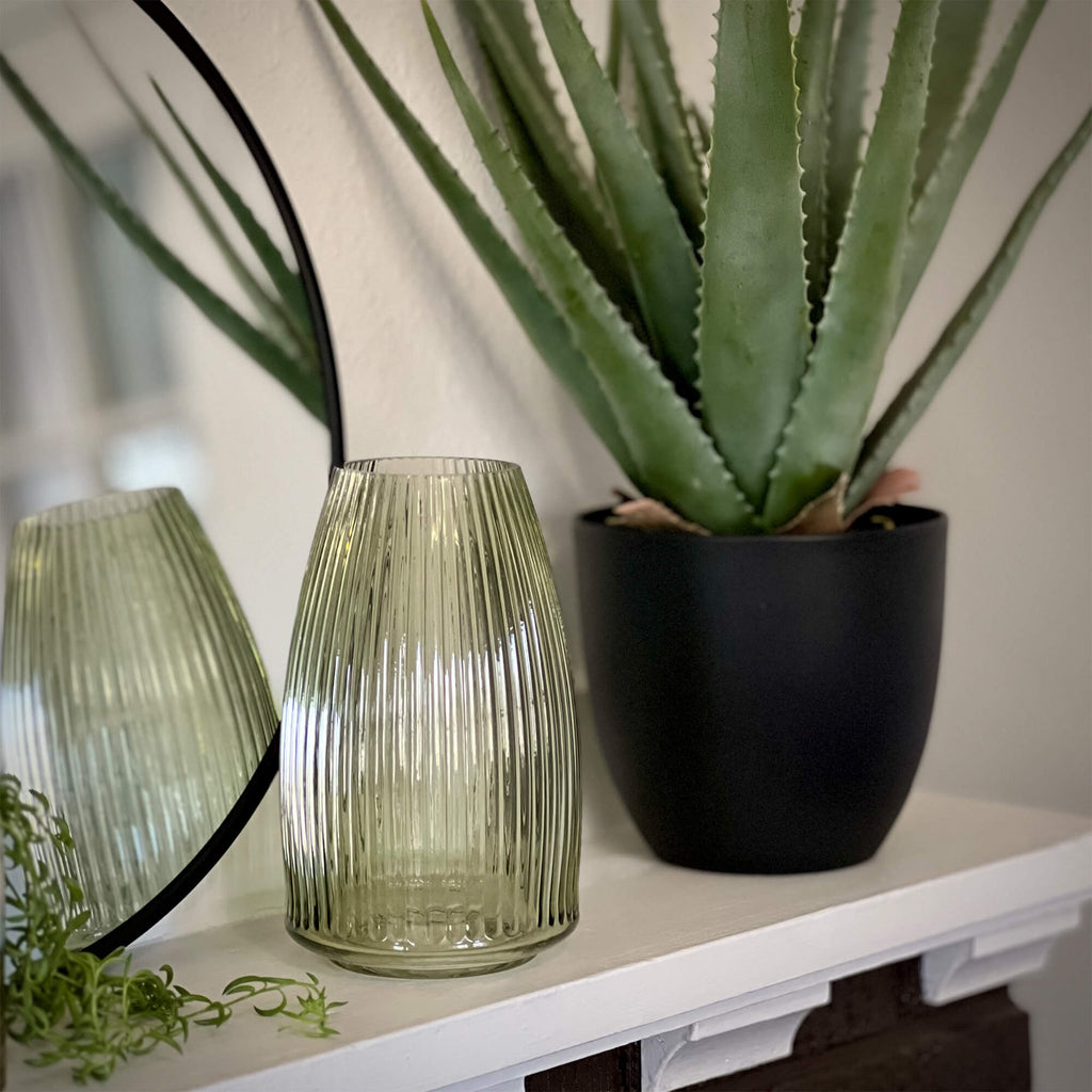 Ribbed Green Glass Vase       