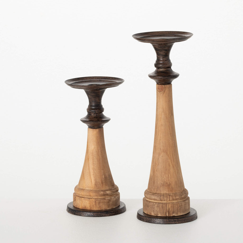 Wood Iron Candleholder Set Of 