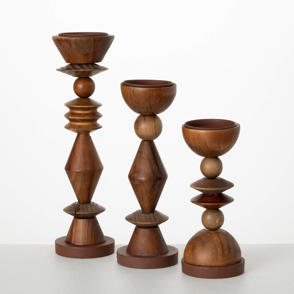 Retro Wood Candleholder Set   