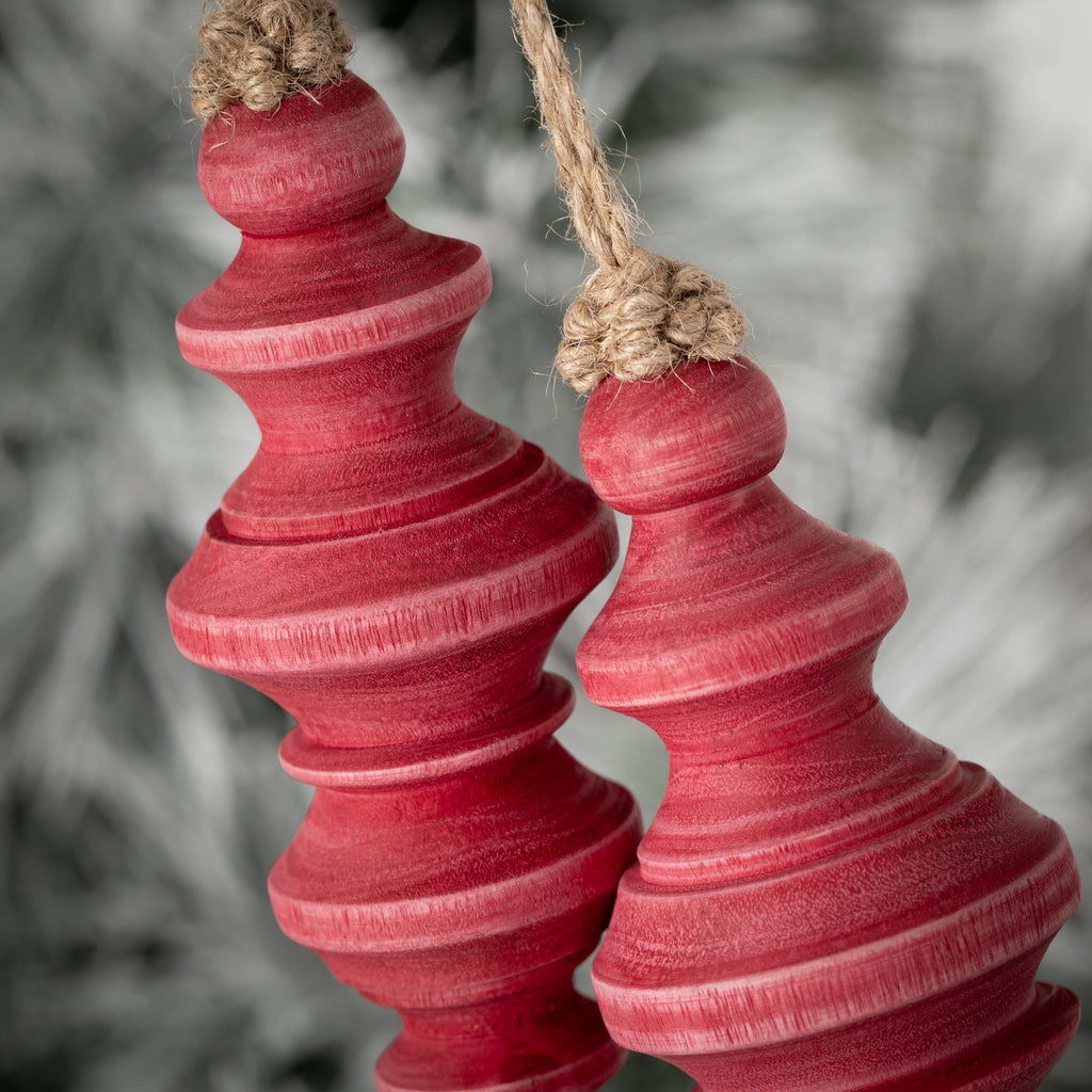 Red Wood Finial Ornament Set 2