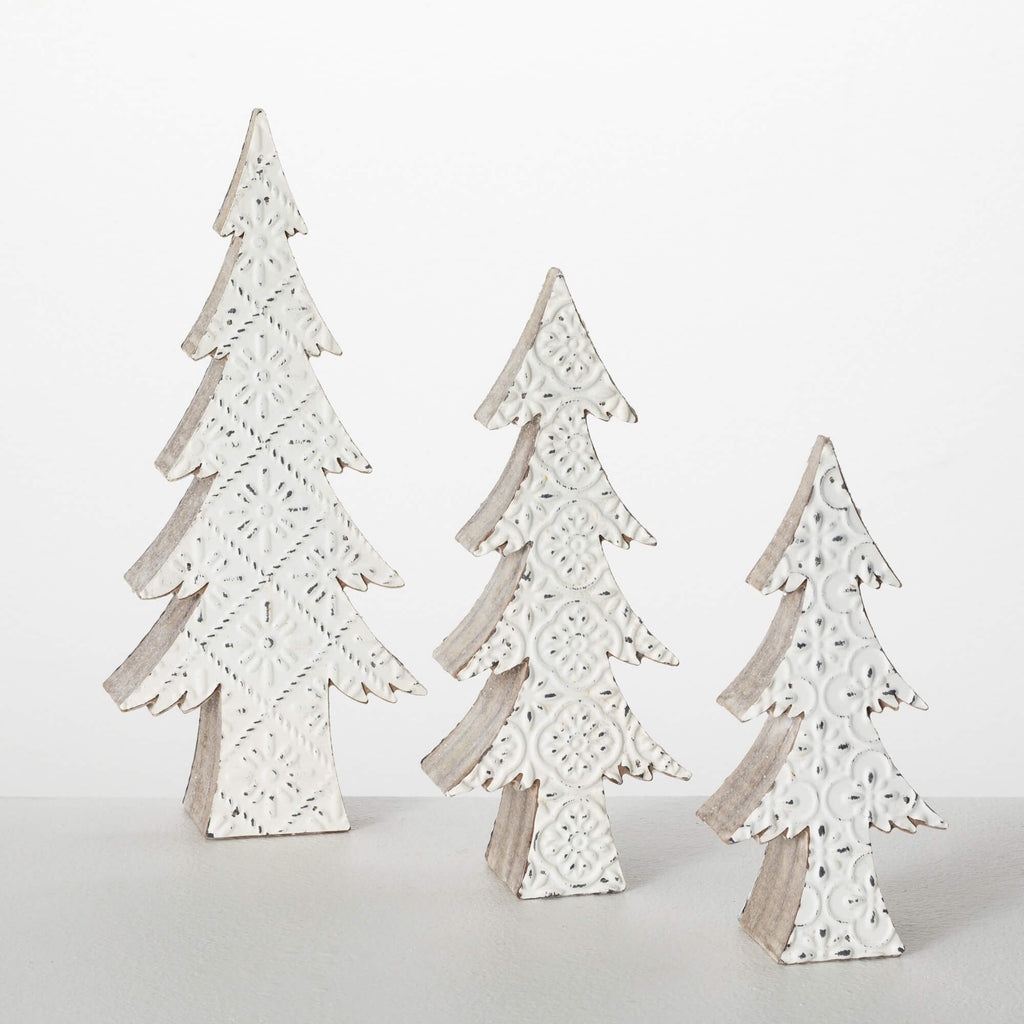 White Embossed Tree Figurines 