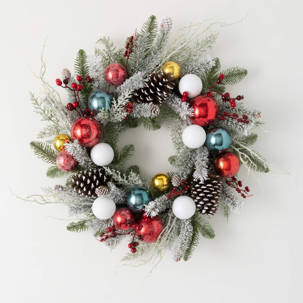 Shiny Ball Frosted Pine Wreath