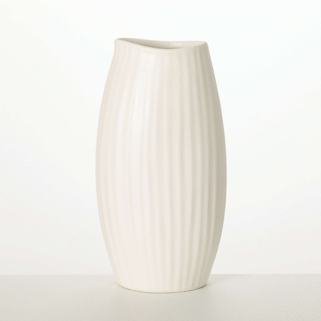 Textured White Ribbed Vase    