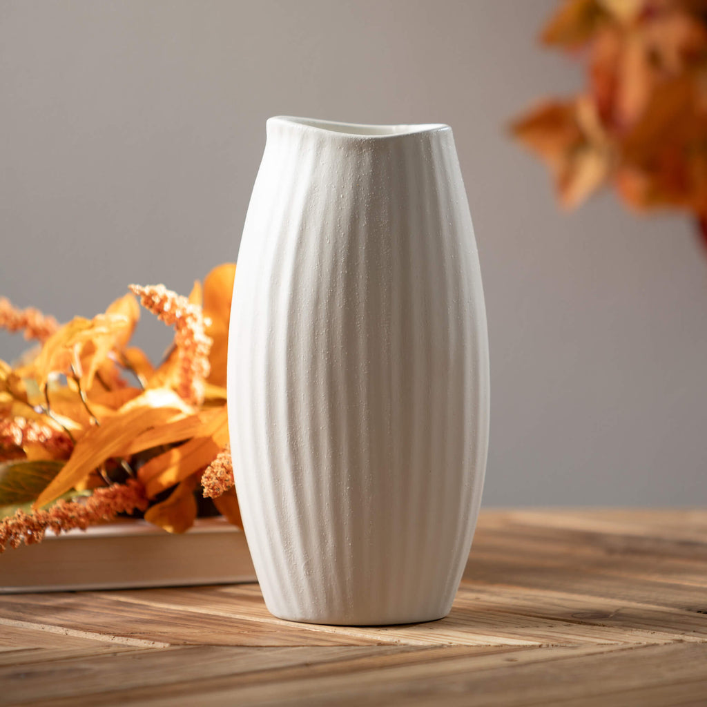 Textured White Ribbed Vase    