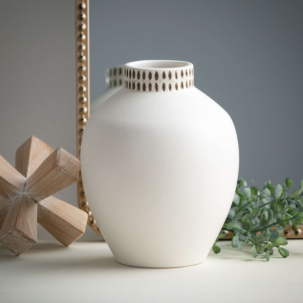 Etched Ivory Ceramic Urn Vase 