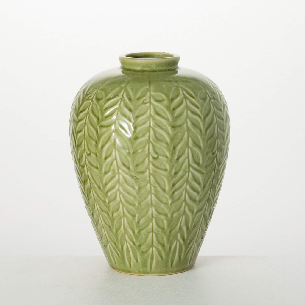 Embossed Leaf Green Vase      