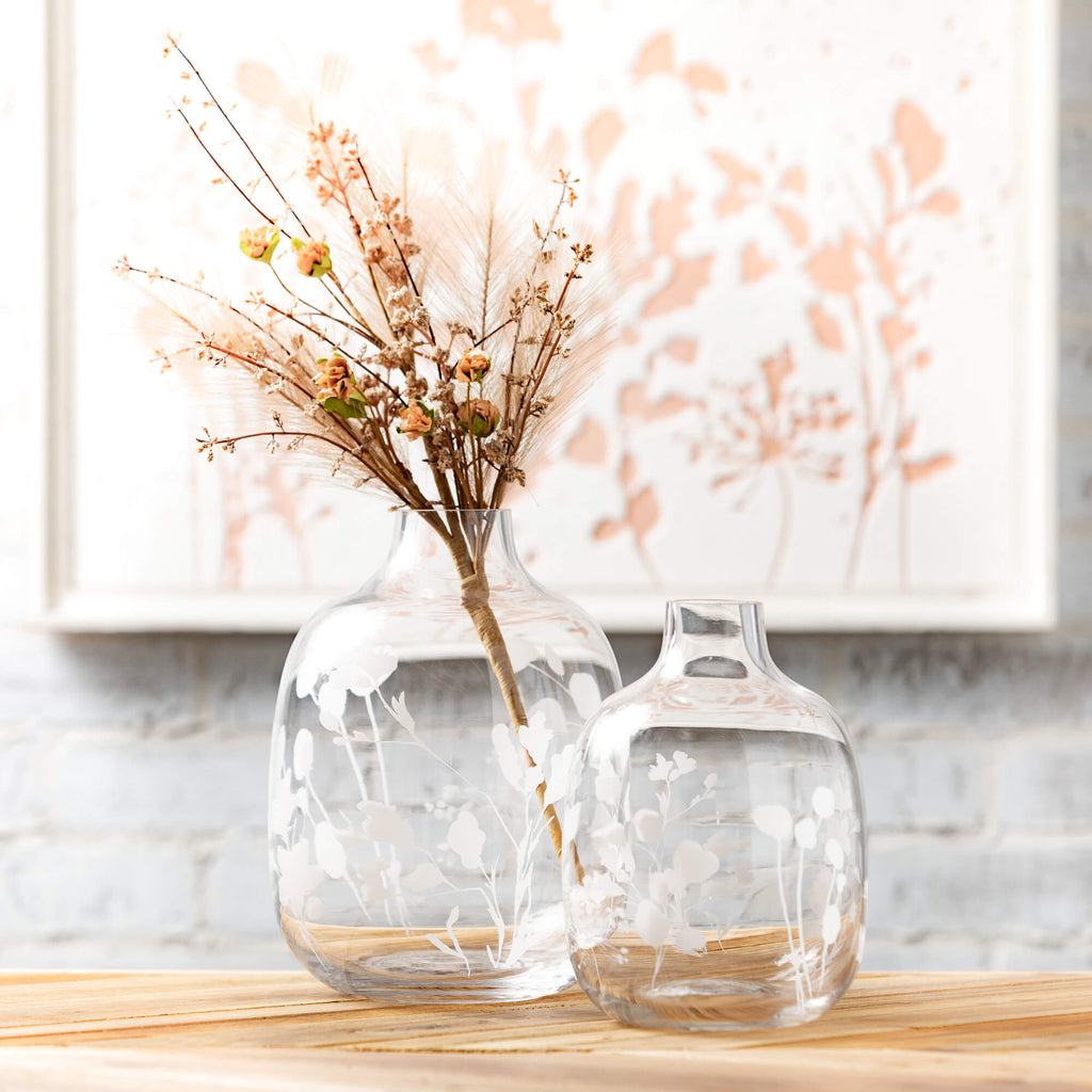 Etched Clear Glass Vase Set 2 