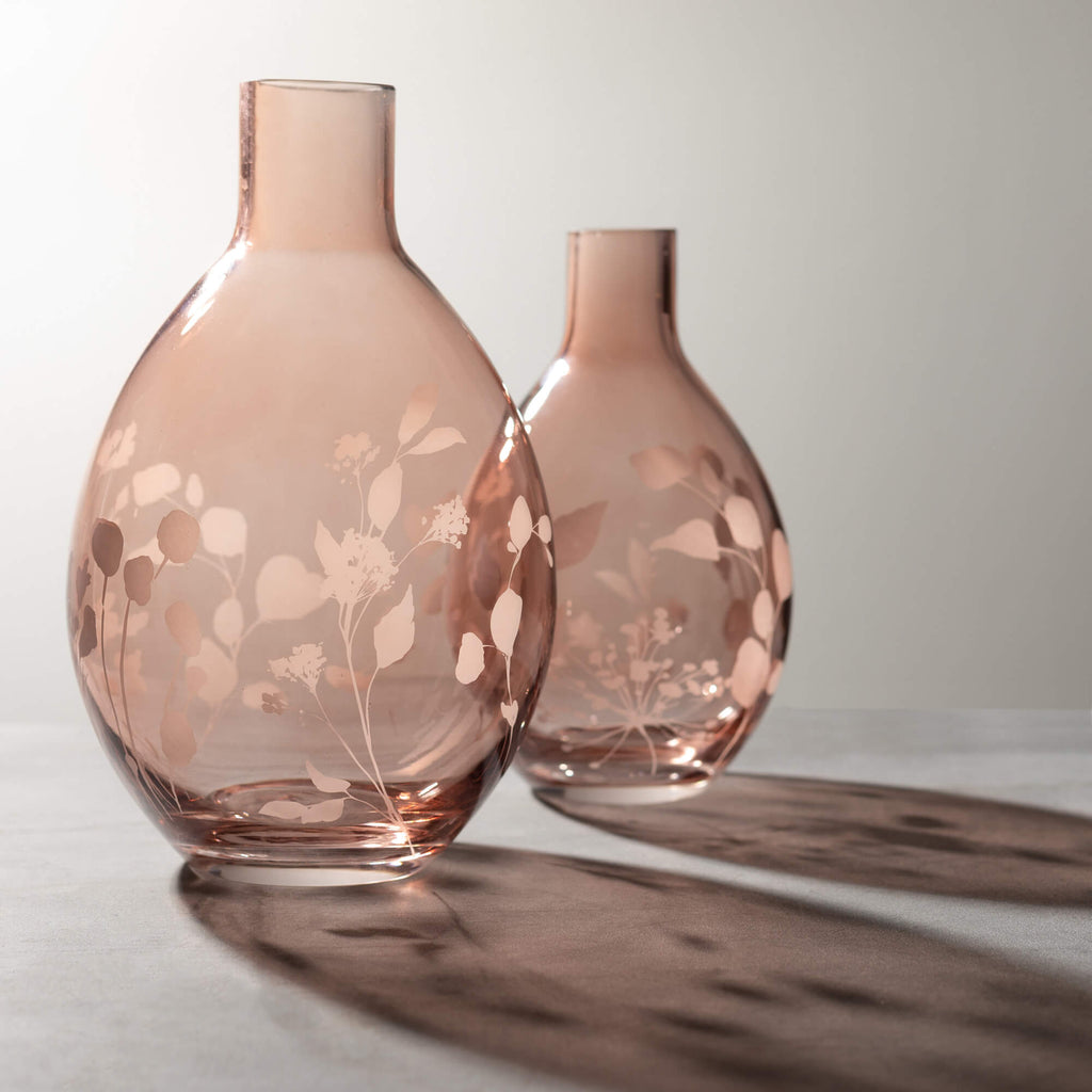 Etched Pink Glass Vase Set 2  