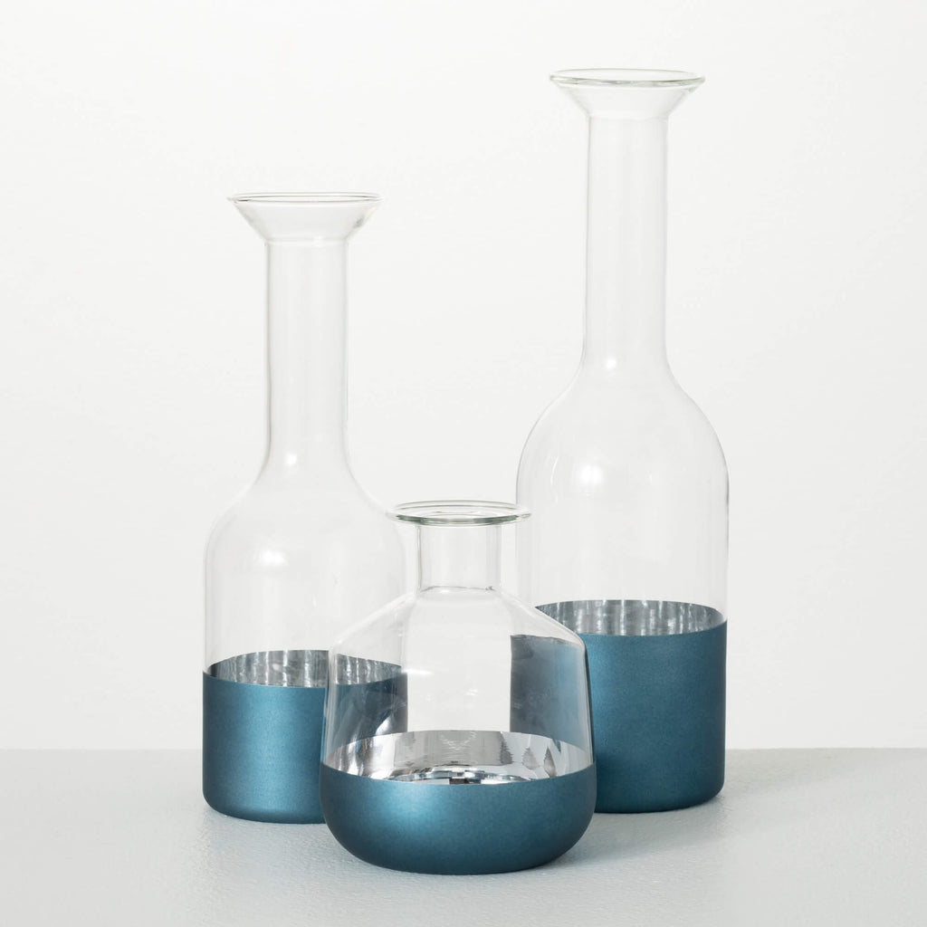 Metallic Blue Glass Bottle Set