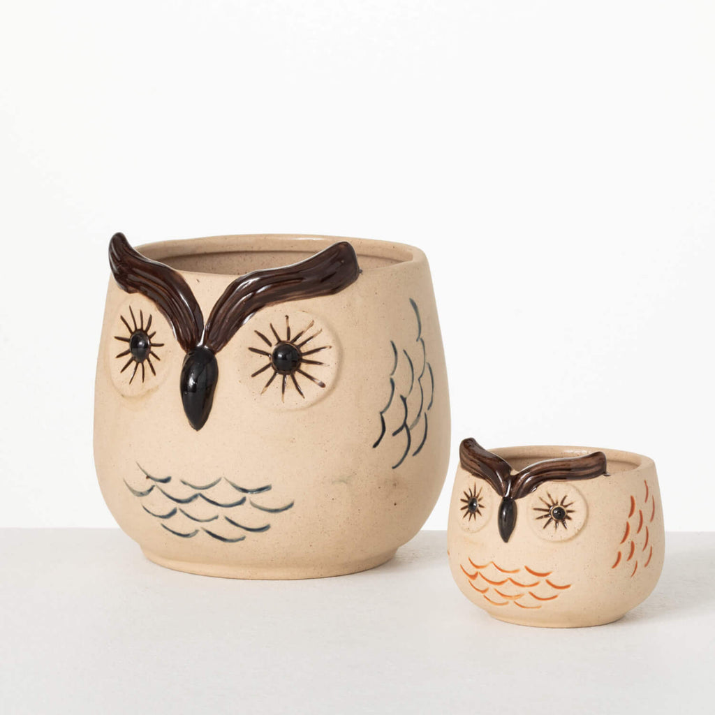 Kitschy Brown Owl Planter Set 