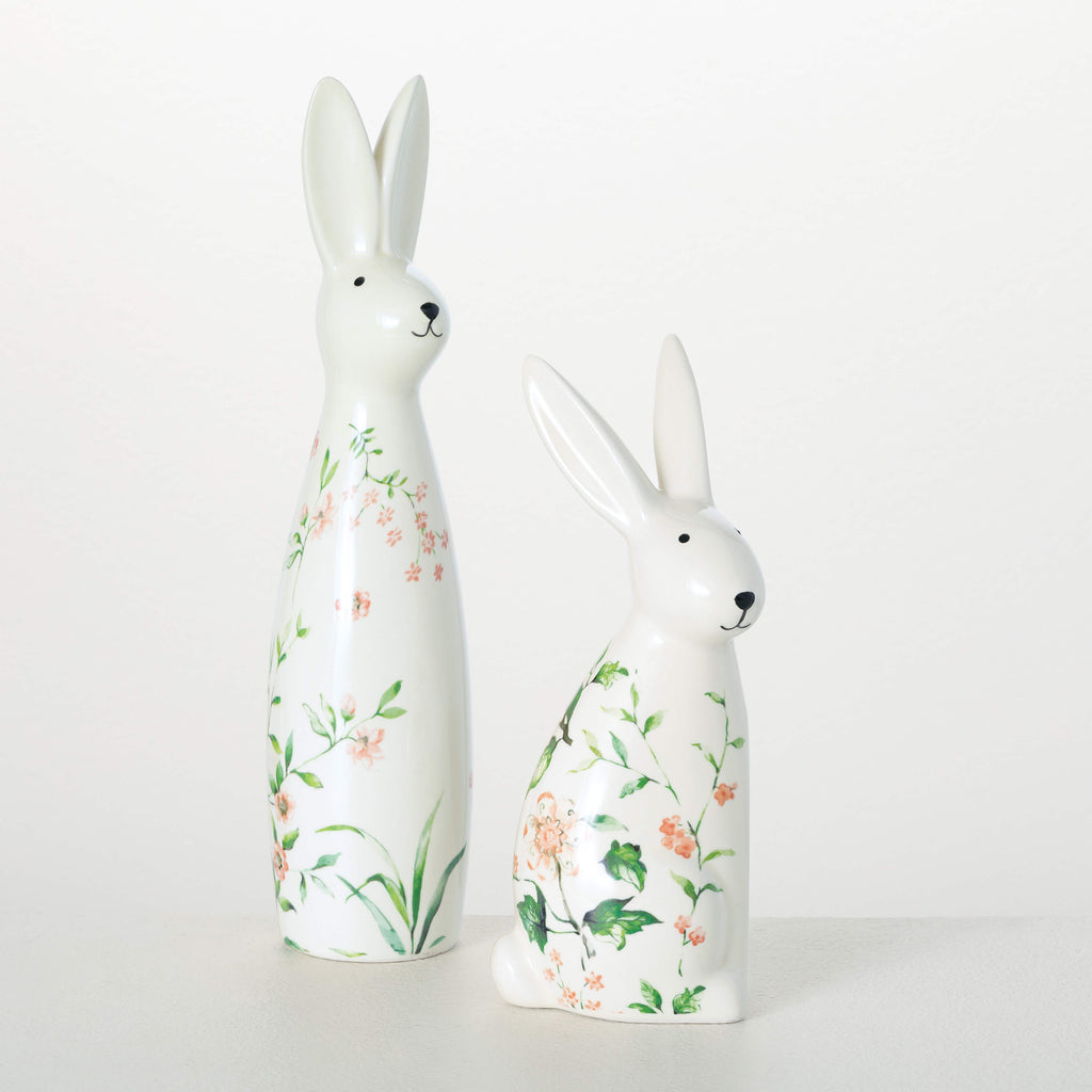 Floral Bunny Figurine Set Of 2