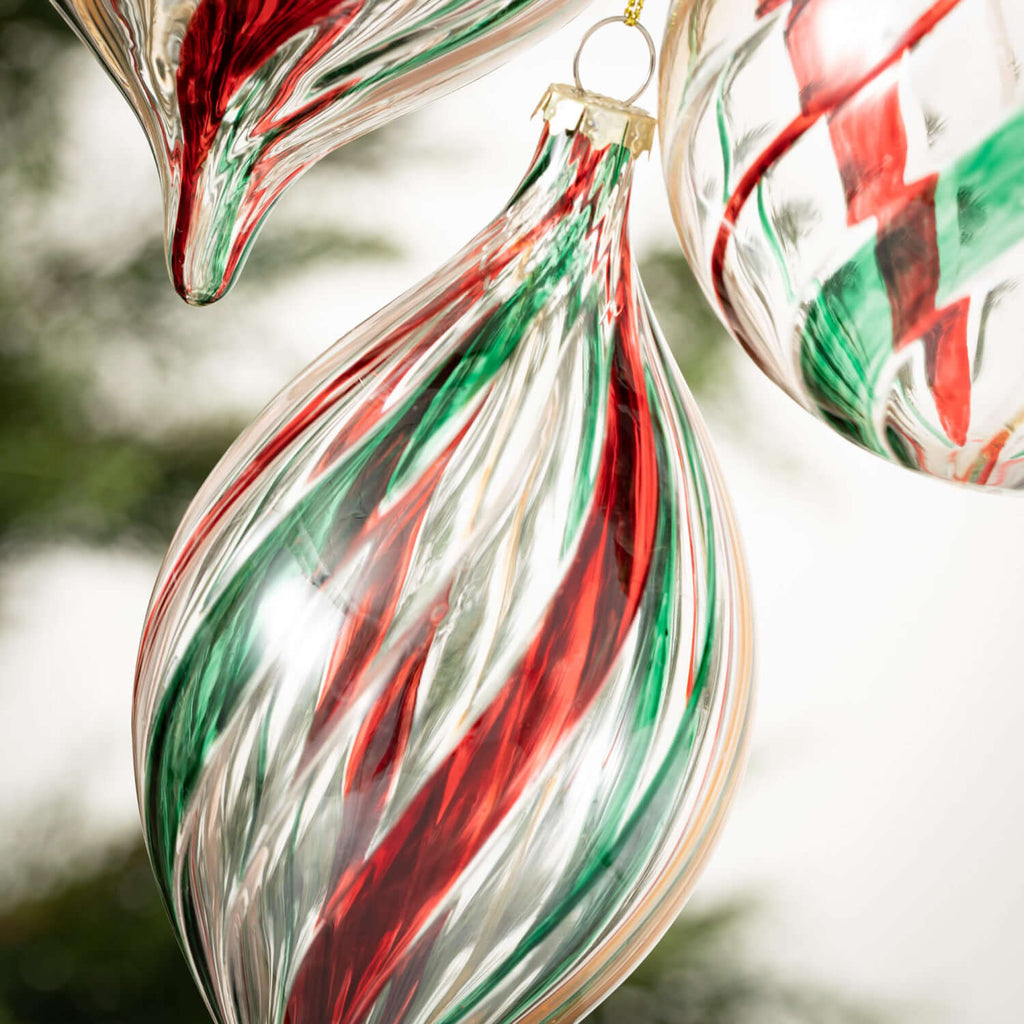 Green Red Striped Ornament Set