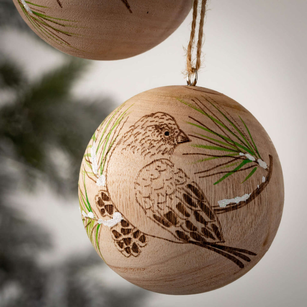 Wood Sphere Bird Ornament Set 