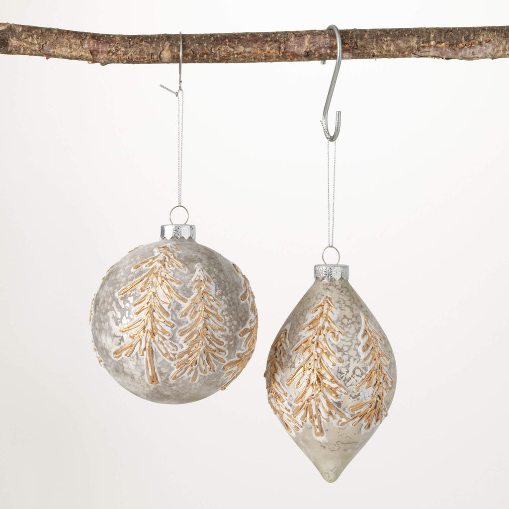Frosted Gold Pine Ornament Set