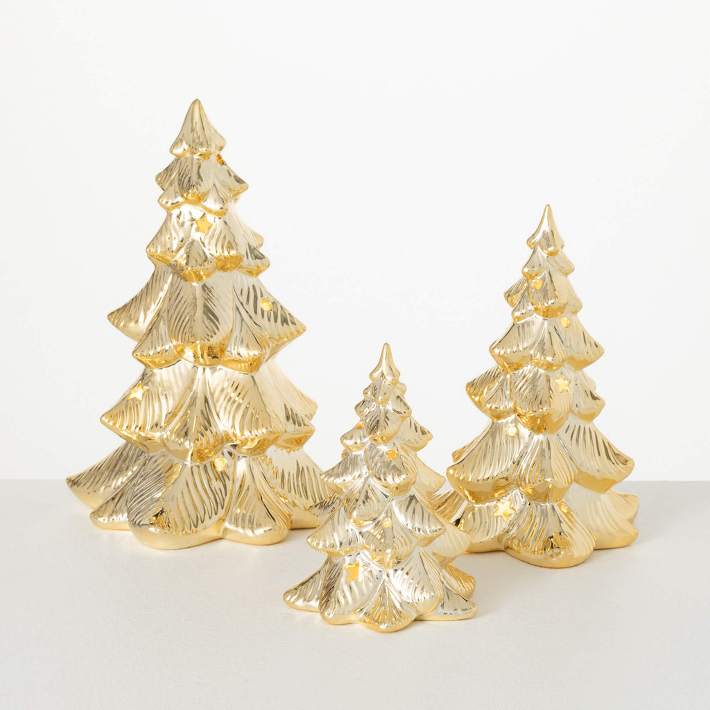 Lighted Gold Christmas Trees  