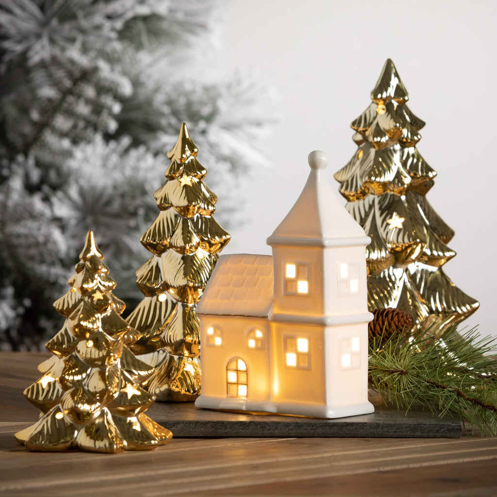 Lighted Gold Christmas Trees  