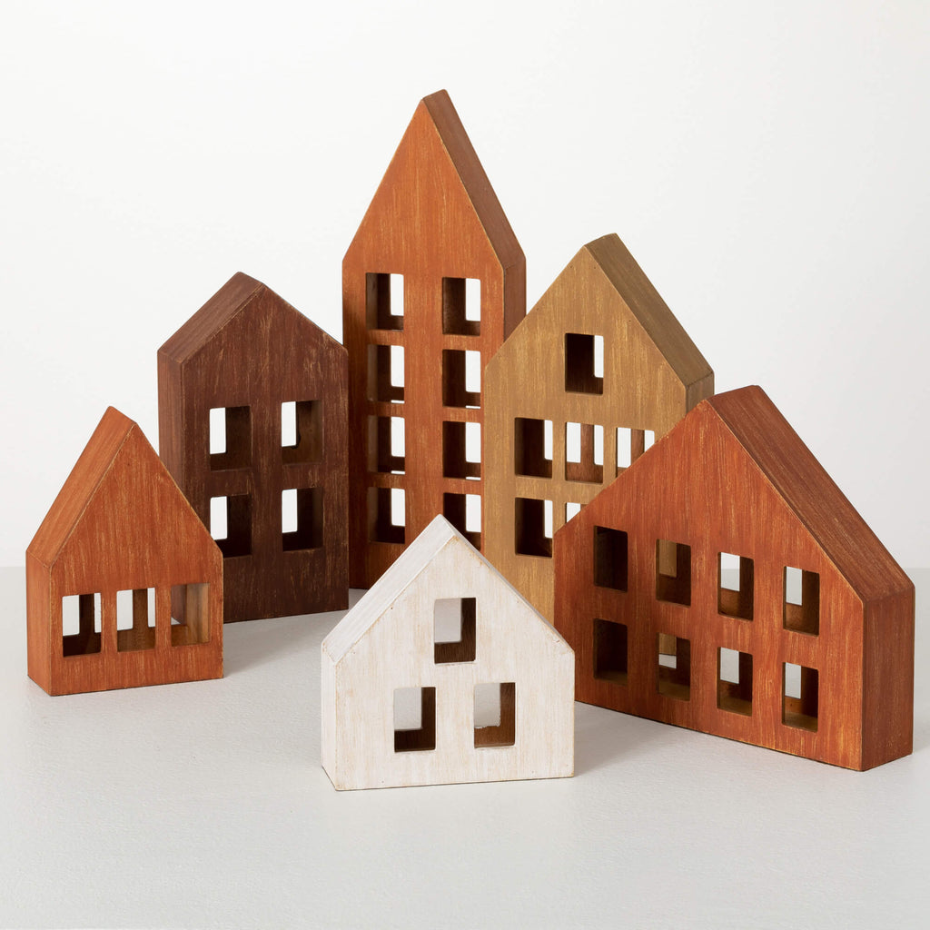 Wood House Figurine Set Of 6  