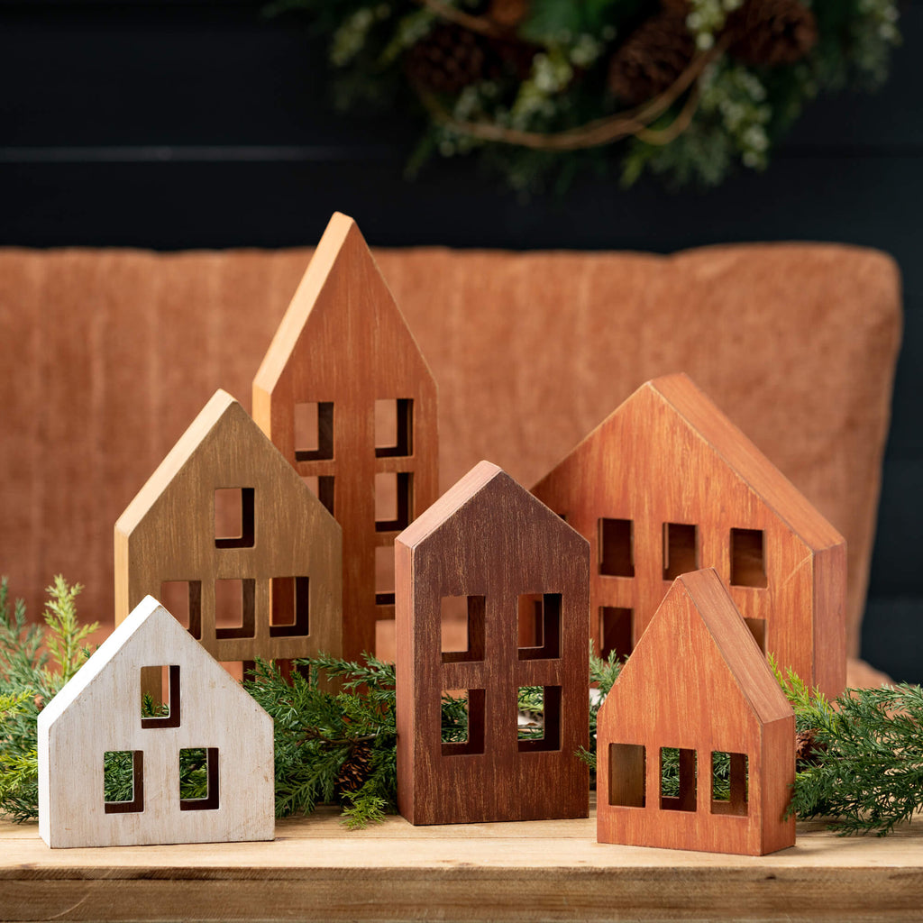 Wood House Figurine Set Of 6  