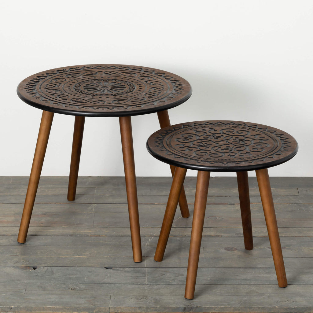 Hand-Carved Wood Side Tables  